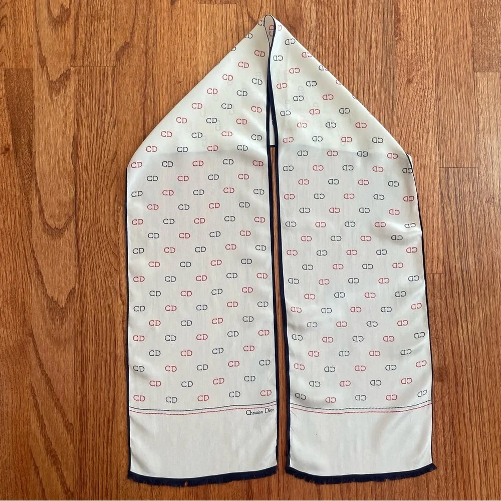 Christian Dior red and blue monogram on white silk scarf made in Italy